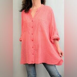 Soft Surroundings Coral Pink Striped Button-Down Shirt Roll Tab Sleeves